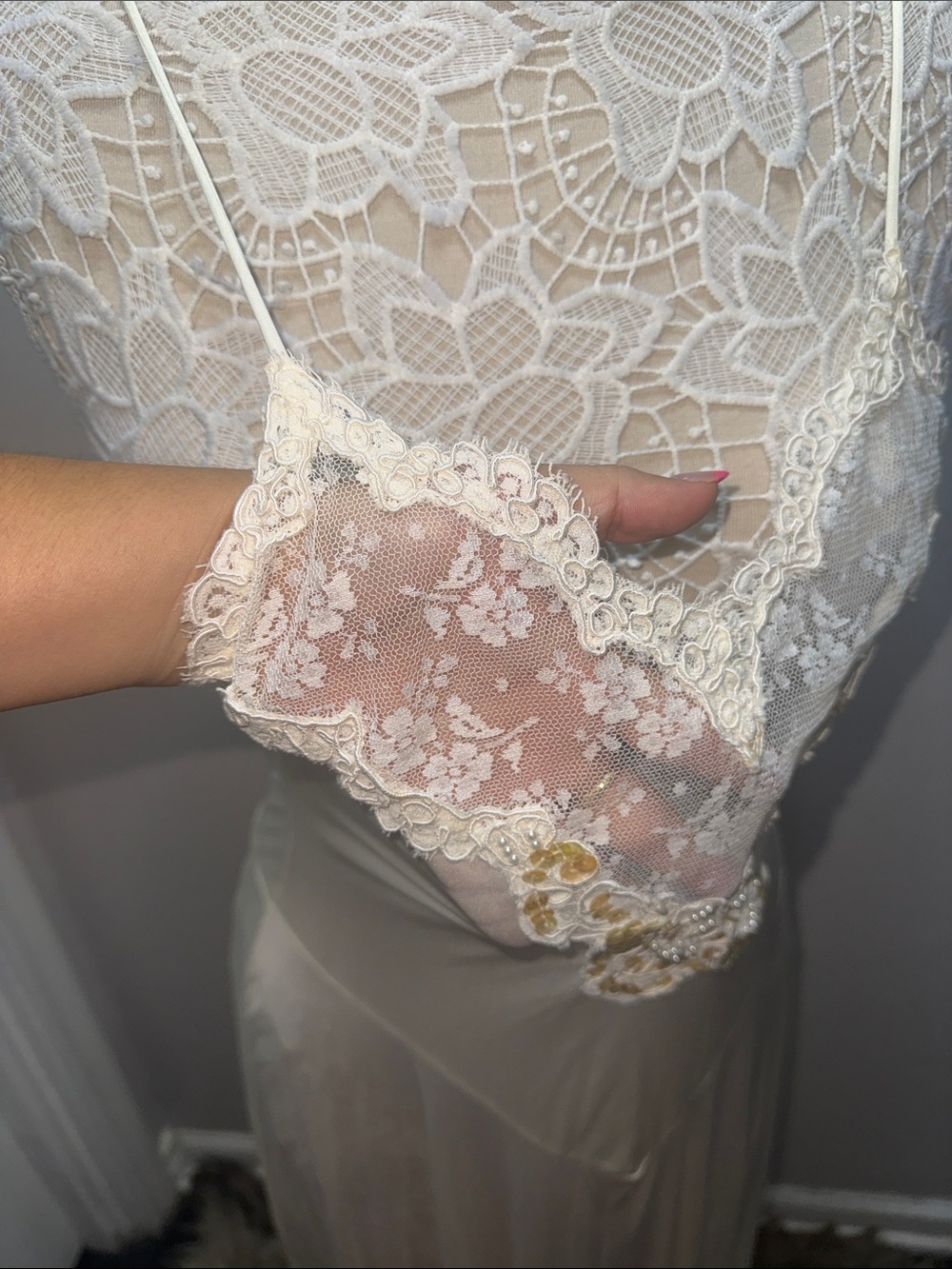 Vintage 70s Victoria's Secret Ivory Lace & Chiffon Long Chemise - Picture 7 of 11